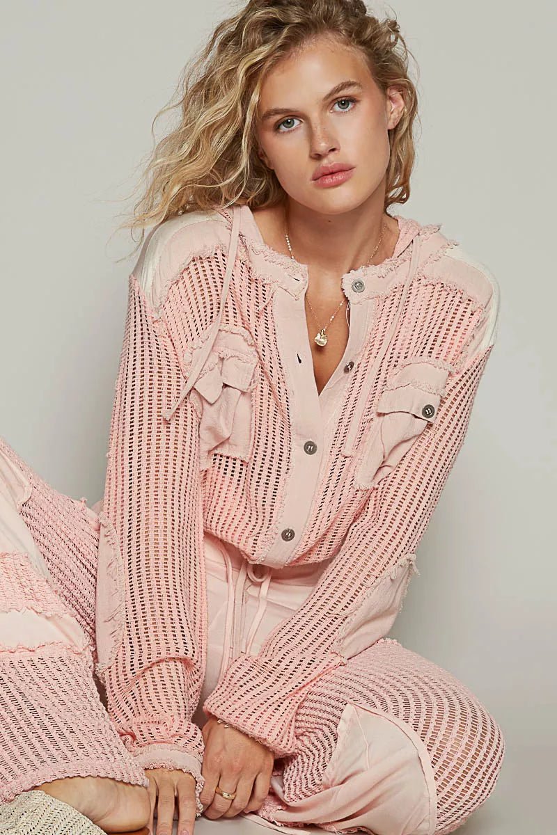 POL Texture Woven Button Down Hooded Shirt with Drawstring Hem - Goddess Vibes