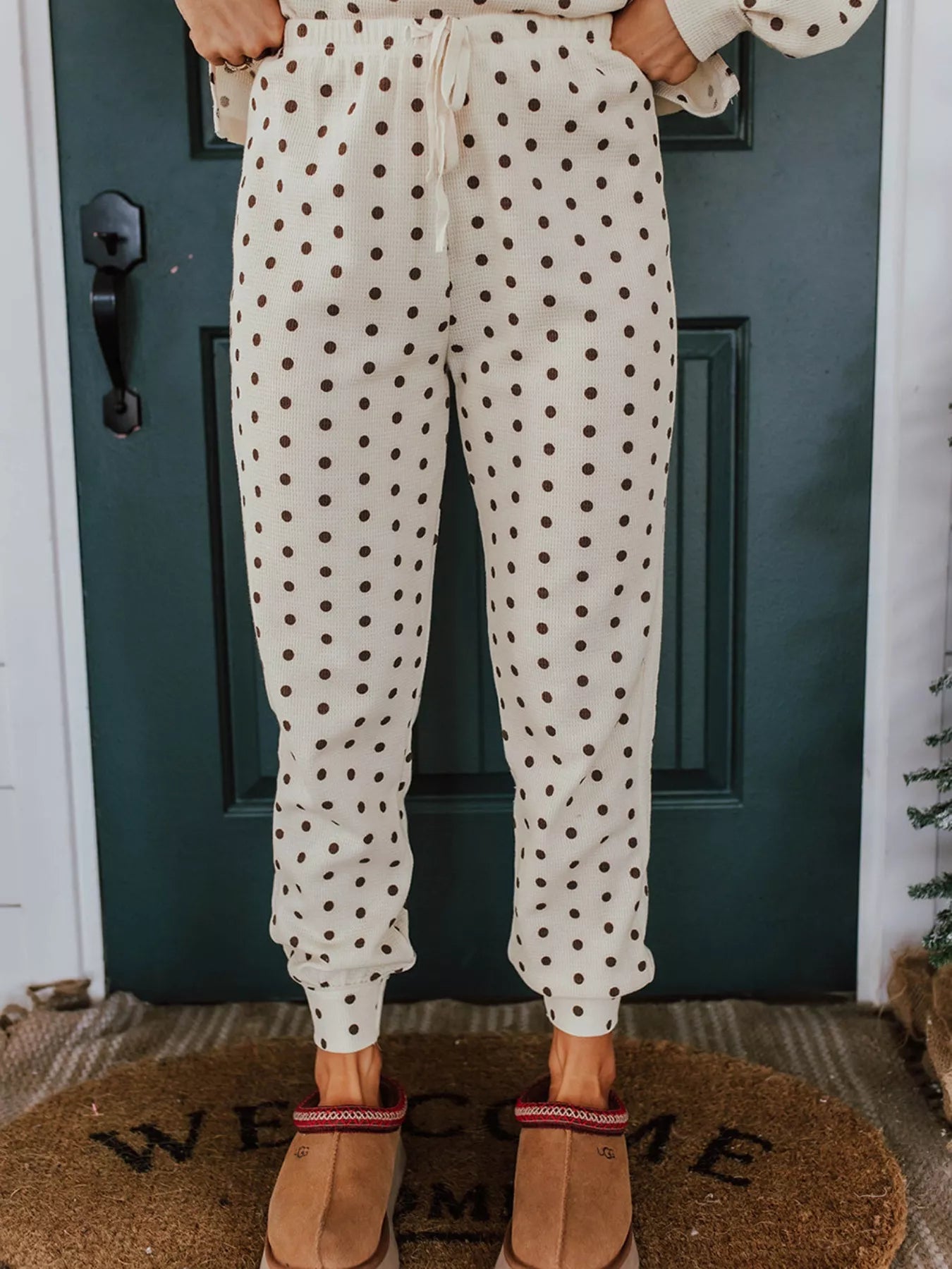 Polka Dot Notched Long Sleeve Top and Drawstring Joggers Lounge Set - Goddess Vibes