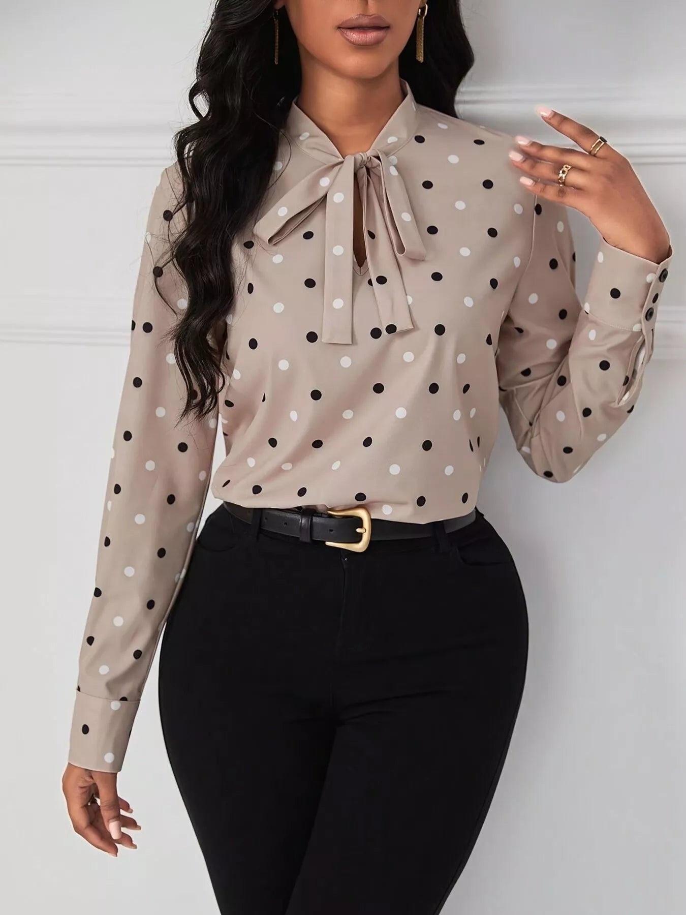 Polka Dot Tie Neck Blouse - Crowned Energy CO.