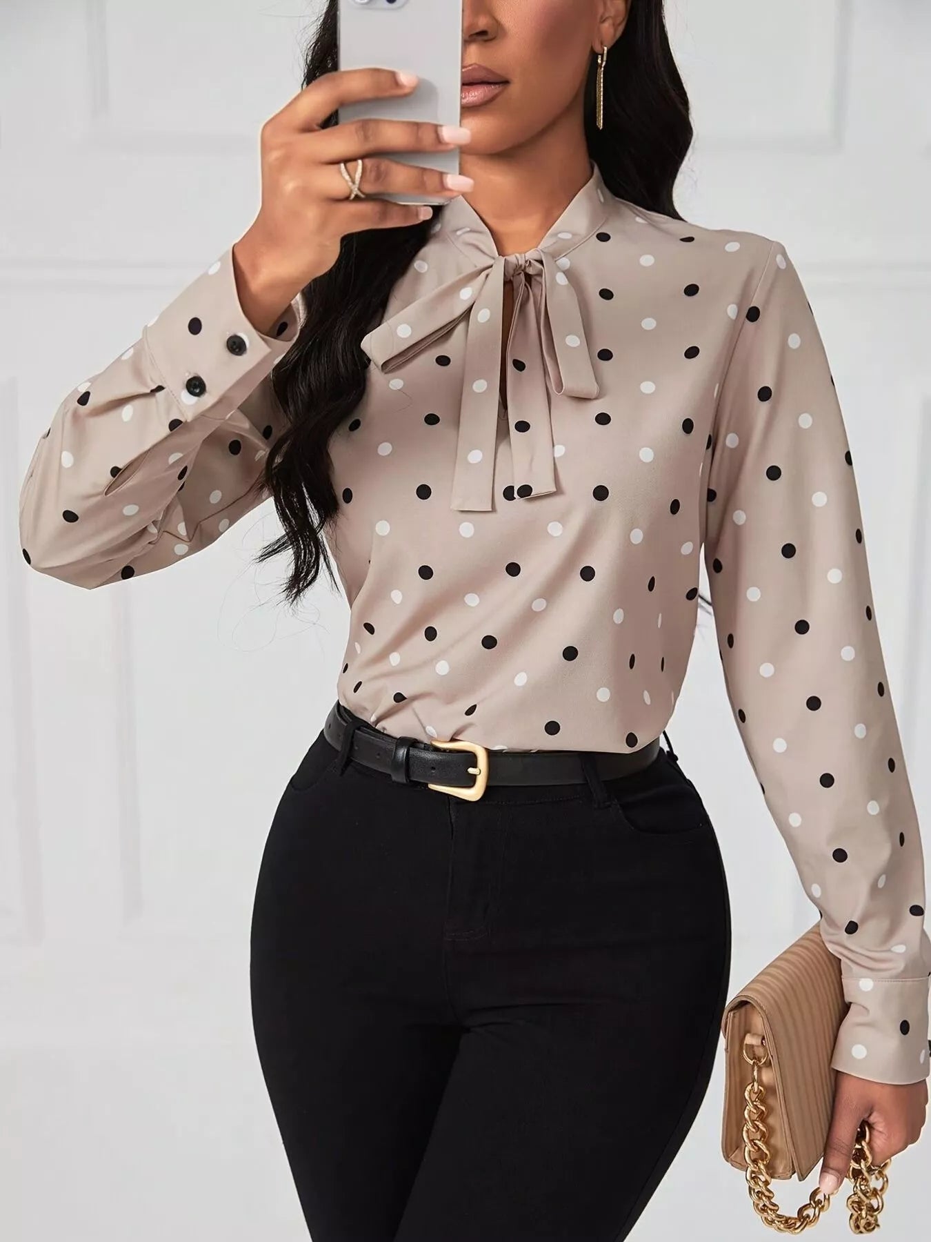 Polka Dot Tie Neck Blouse - Crowned Energy CO.