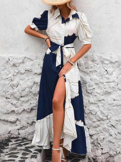 Printed Button Down Half Sleeve Maxi Shirt Dress - Goddess Vibes