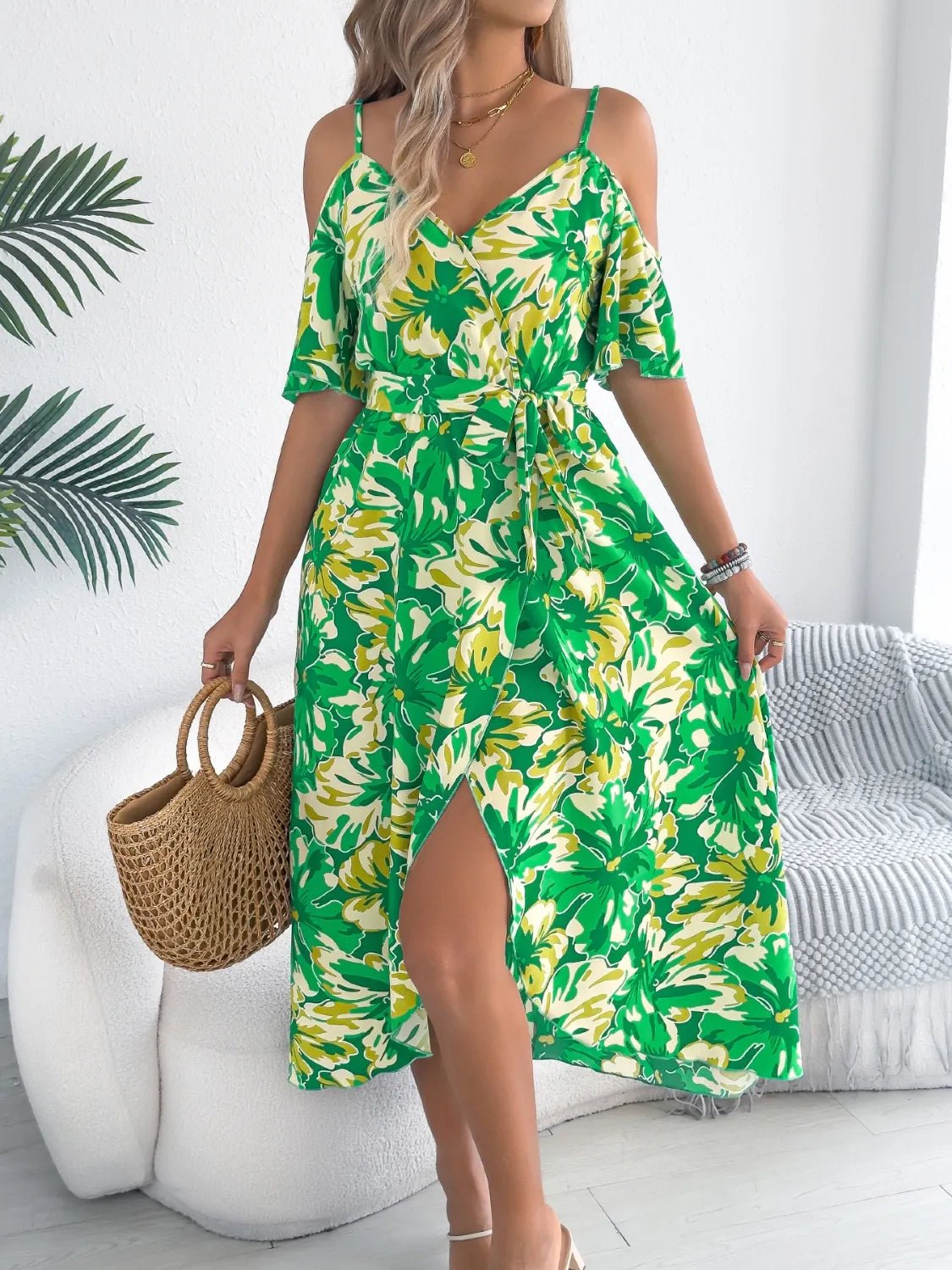 Crowned Energy CO. Green / S Trendsi Dresses/Floral Dresses Printed Cold Shoulder Midi Cami Dress
