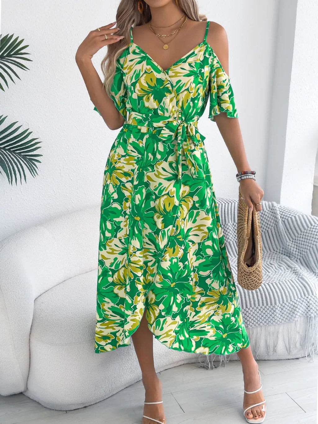 Crowned Energy CO. Hot Pink / S Trendsi Dresses/Floral Dresses Printed Cold Shoulder Midi Cami Dress