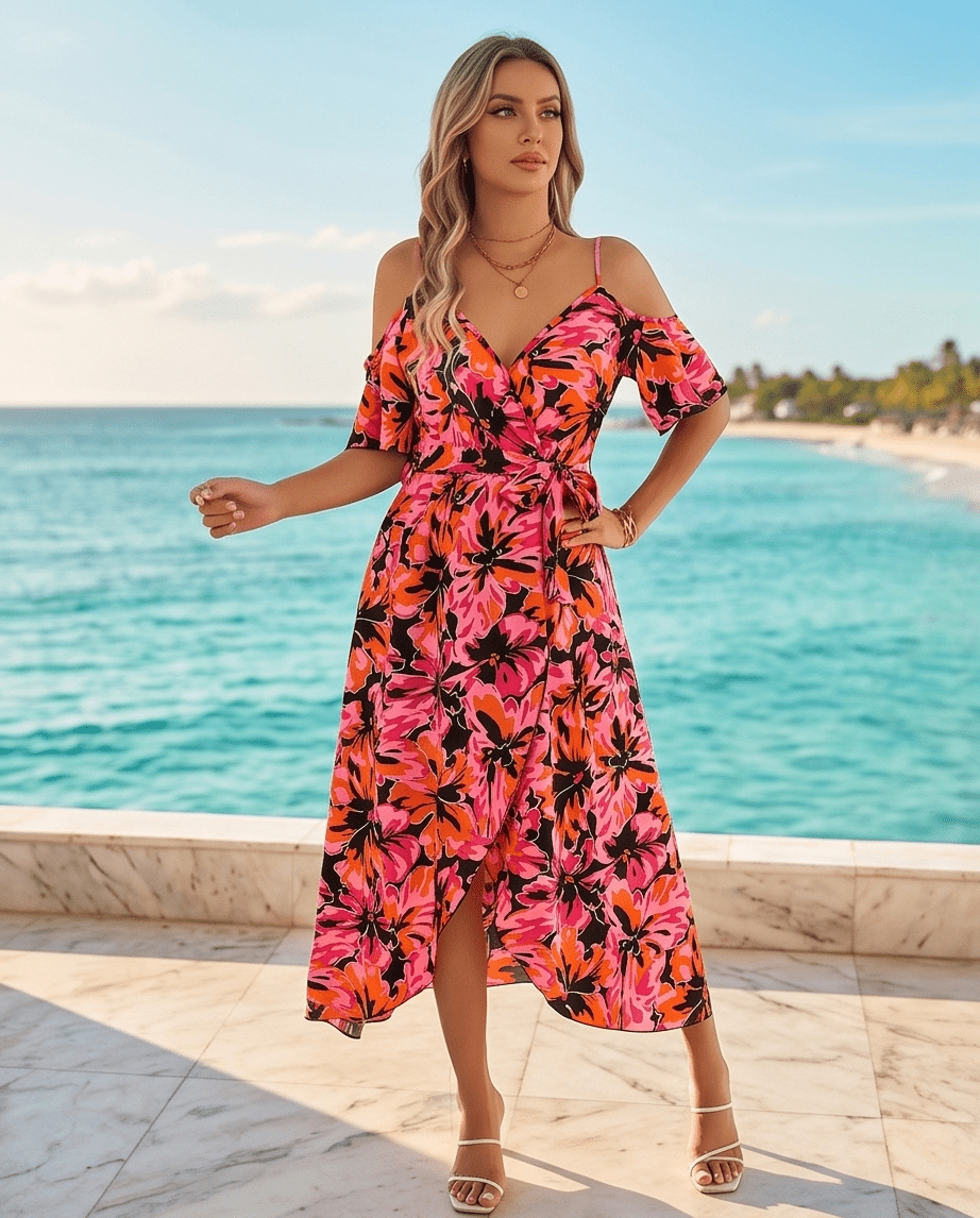 Printed Cold Shoulder Midi Cami Dress - Crowned Energy CO.