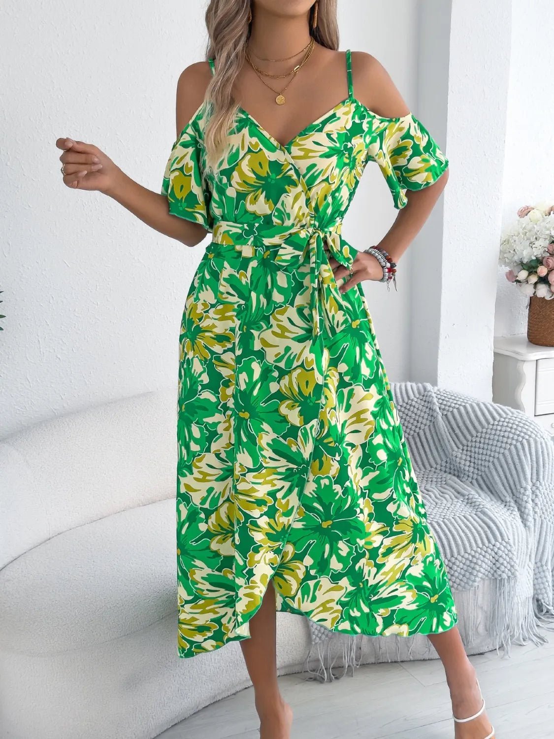 Printed Cold Shoulder Midi Cami Dress - Crowned Energy CO.