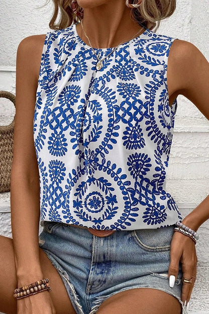 Printed Crew Neck Sleeveless Top - Goddess Vibes