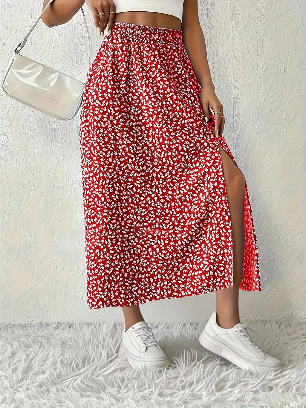 Printed Midi Skirt With Slit – Lightweight Polyester - Crowned Energy CO.