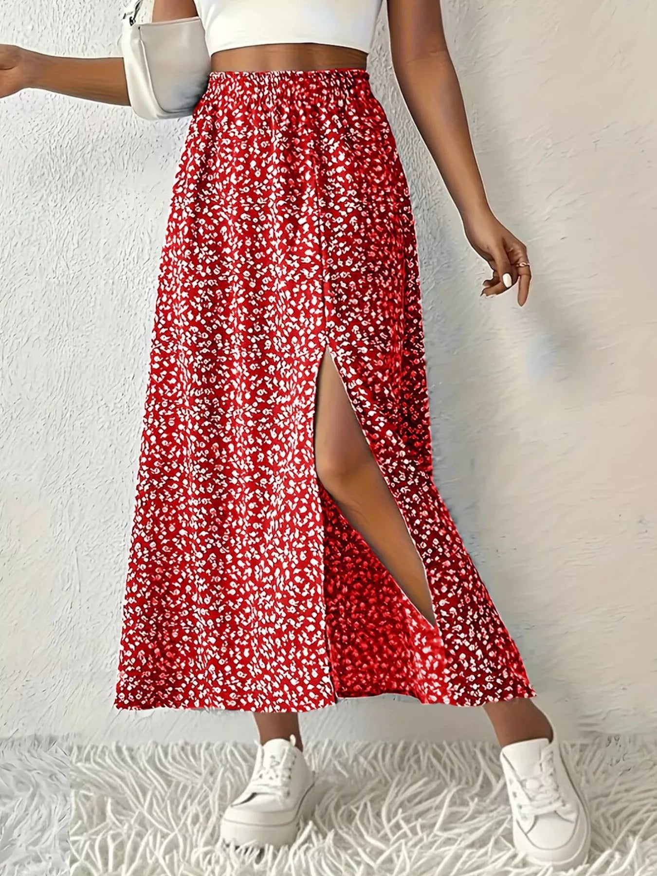 Printed Midi Skirt With Slit – Lightweight Polyester - Crowned Energy CO.