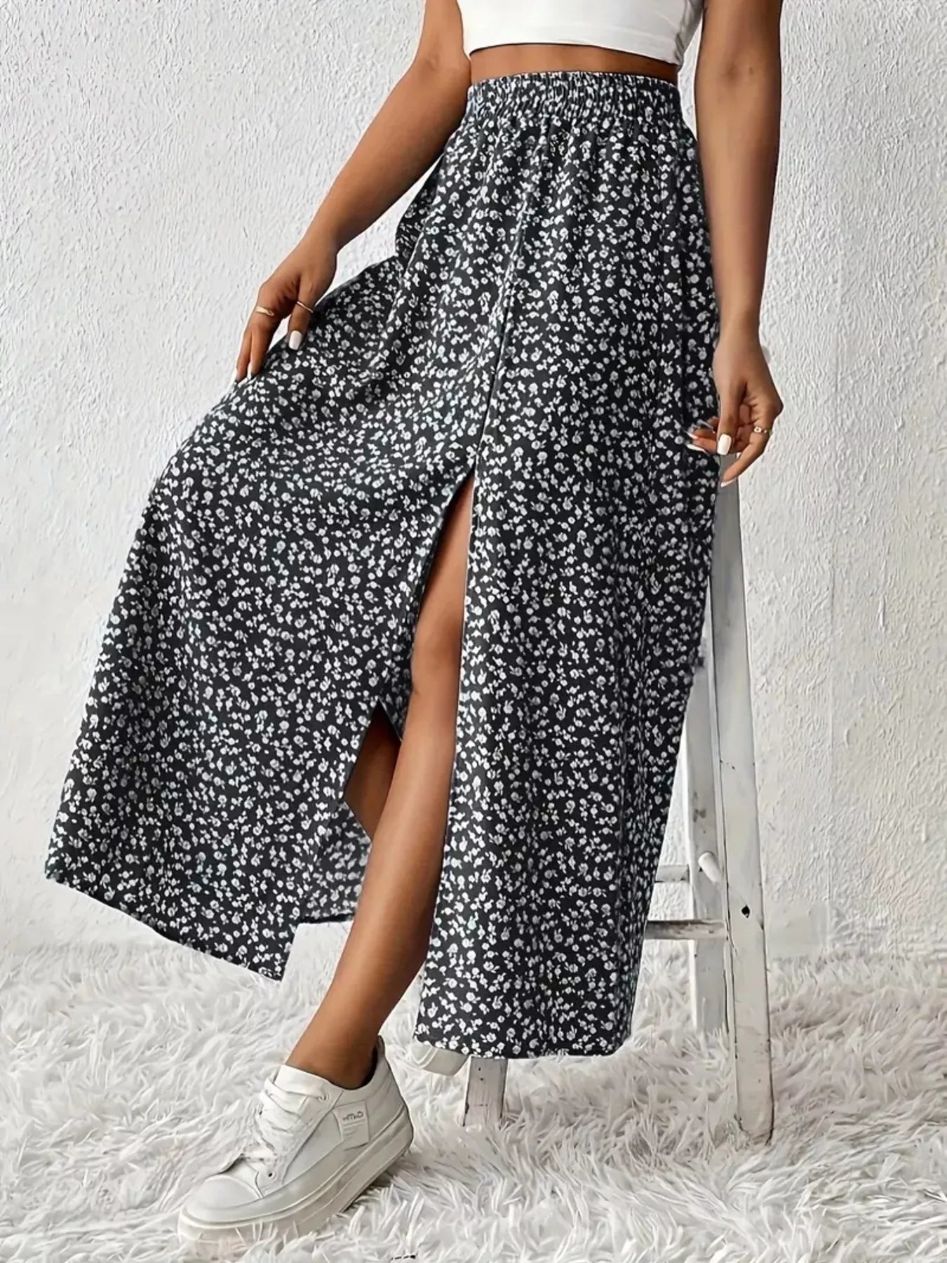 Printed Midi Skirt With Slit – Lightweight Polyester - Crowned Energy CO.