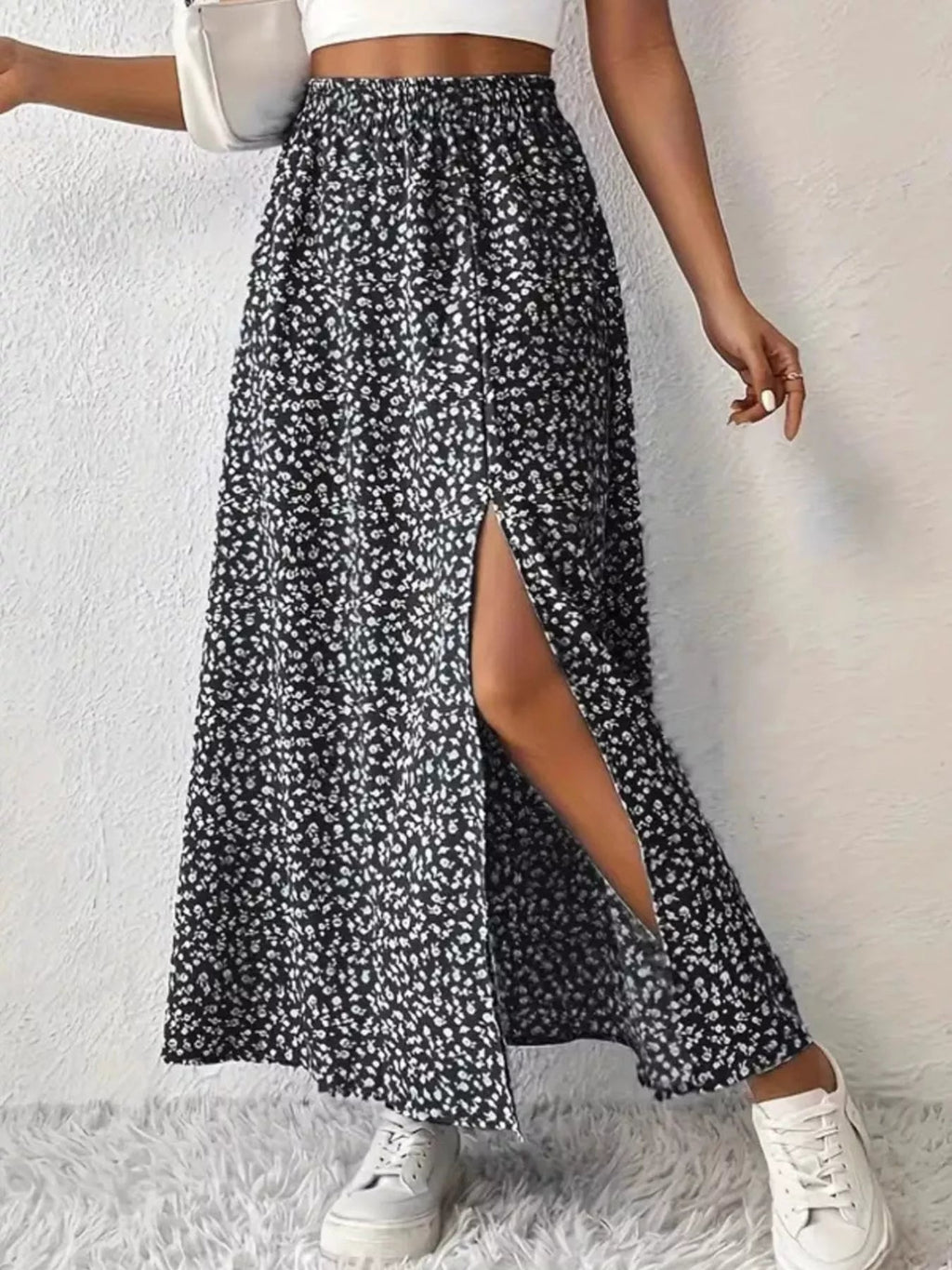 Printed Midi Skirt With Slit – Lightweight Polyester - Crowned Energy CO.