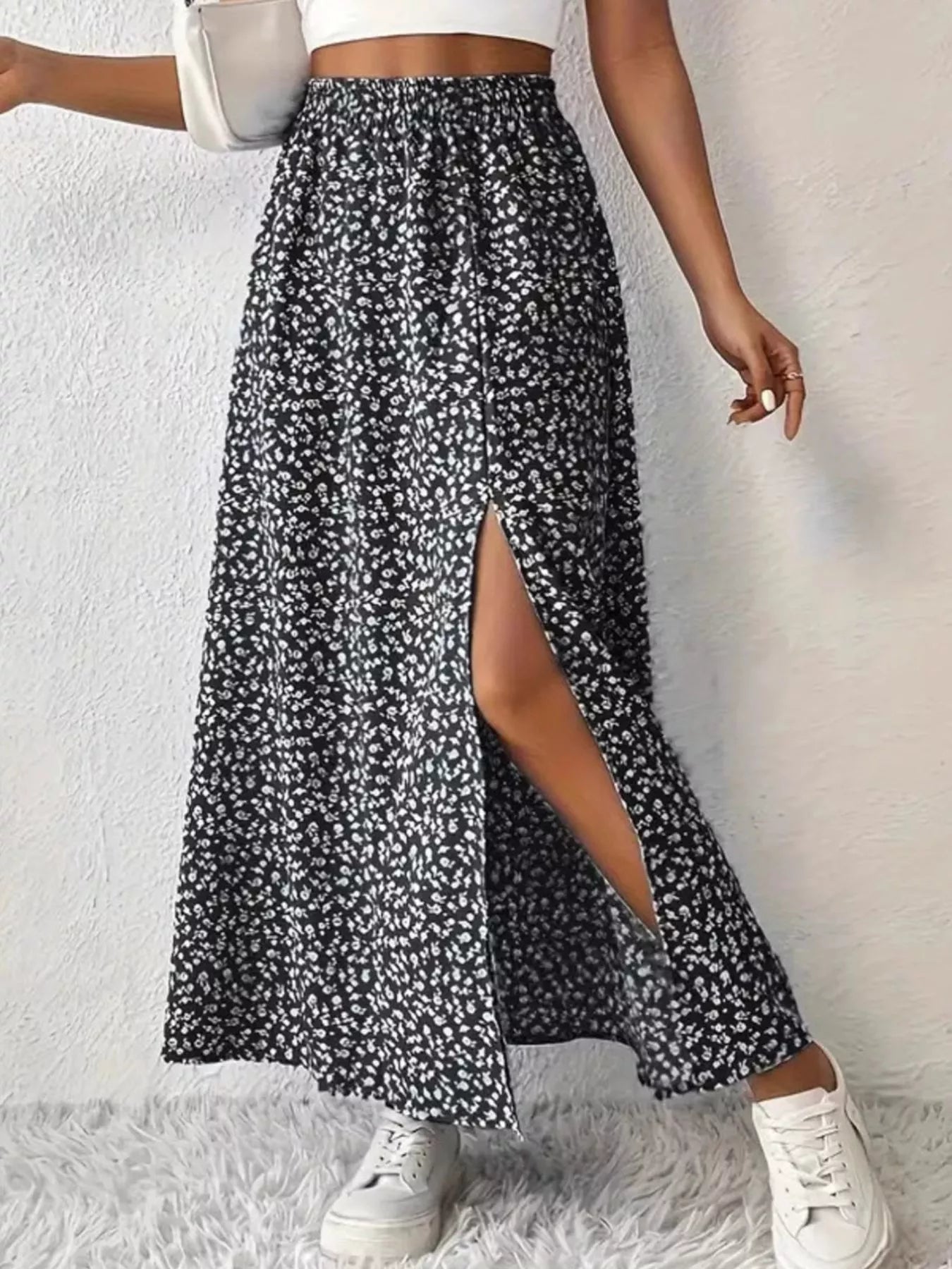 Printed Midi Skirt With Slit – Lightweight Polyester - Crowned Energy CO.
