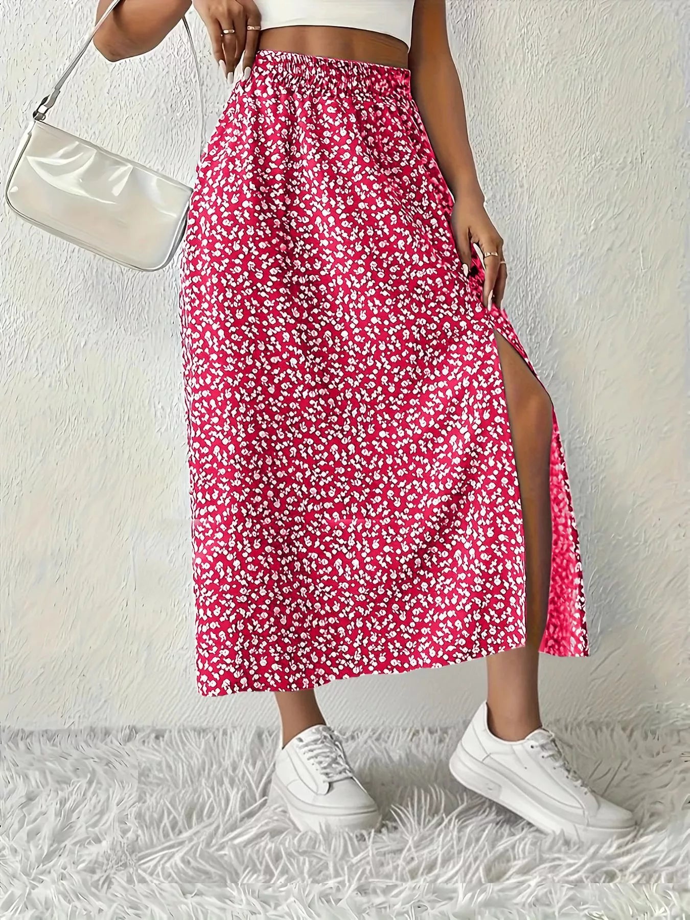 Printed Midi Skirt With Slit – Lightweight Polyester - Crowned Energy CO.