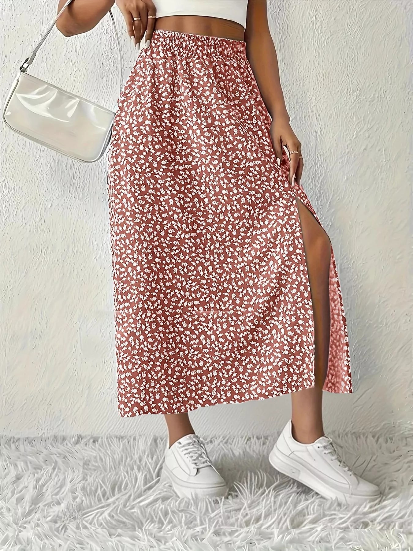 Printed Midi Skirt With Slit – Lightweight Polyester - Crowned Energy CO.