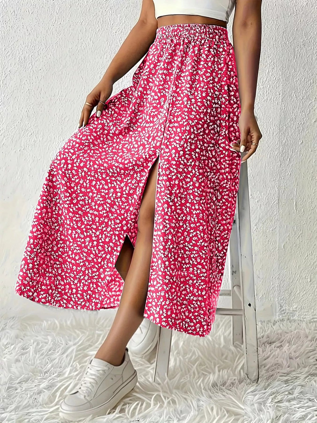 Printed Midi Skirt With Slit – Lightweight Polyester - Crowned Energy CO.