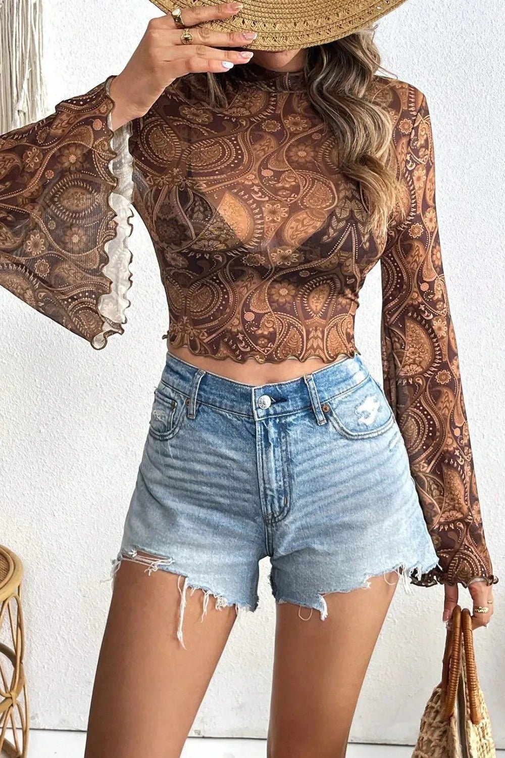 Printed Mock Neck Flare Sleeve Top - Crowned Energy CO.