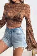 Printed Mock Neck Flare Sleeve Top - Crowned Energy CO.