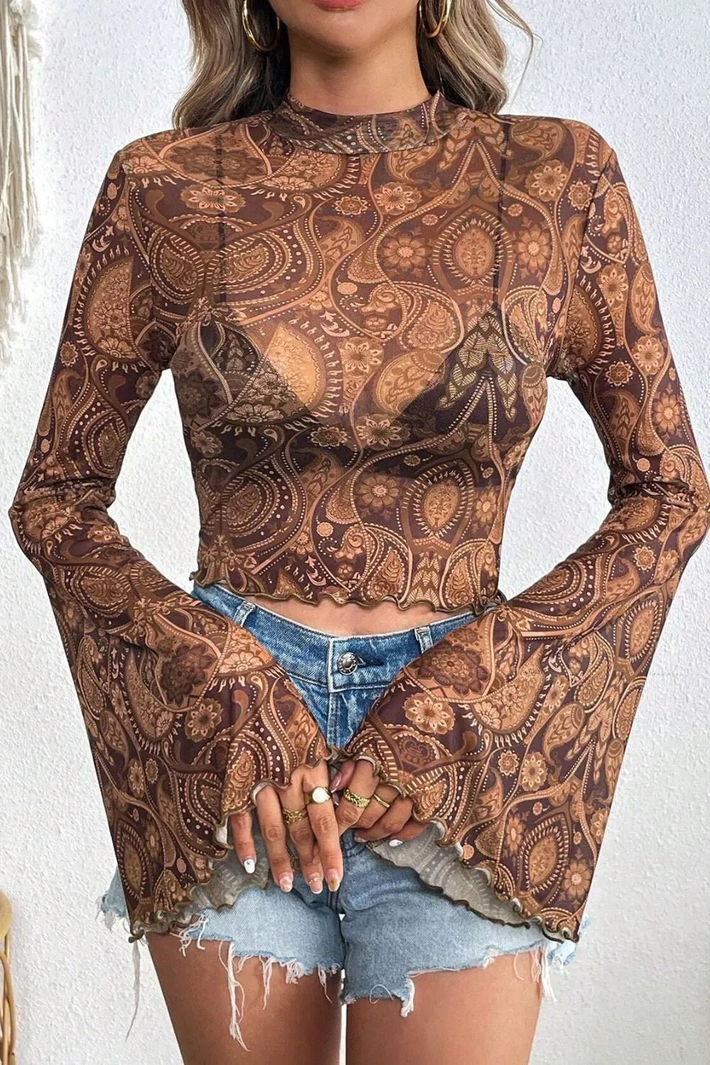 Printed Mock Neck Flare Sleeve Top - Crowned Energy CO.