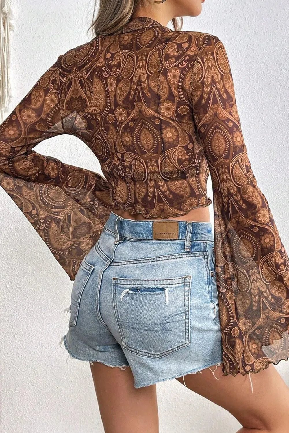 Printed Mock Neck Flare Sleeve Top - Crowned Energy CO.