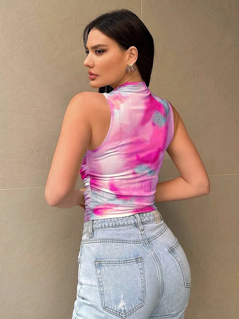 Printed Mock Neck Ruched Tank - Crowned Energy CO.