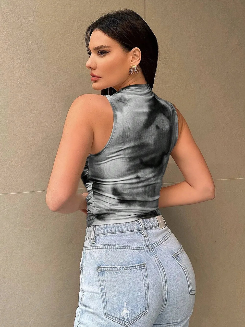 Printed Mock Neck Ruched Tank - Crowned Energy CO.