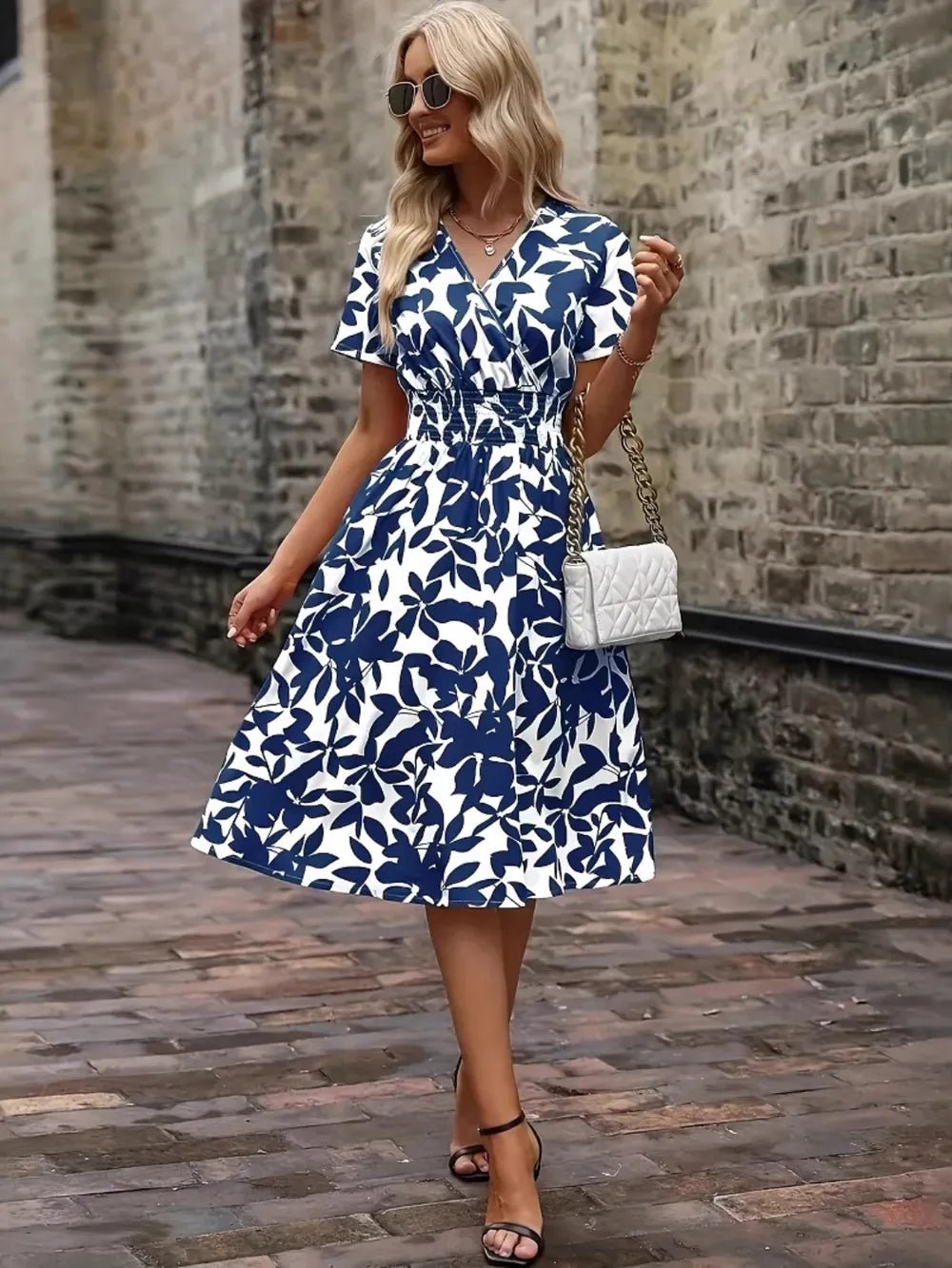 Printed Smocked Surplice Short Sleeve Dress - Crowned Energy CO.
