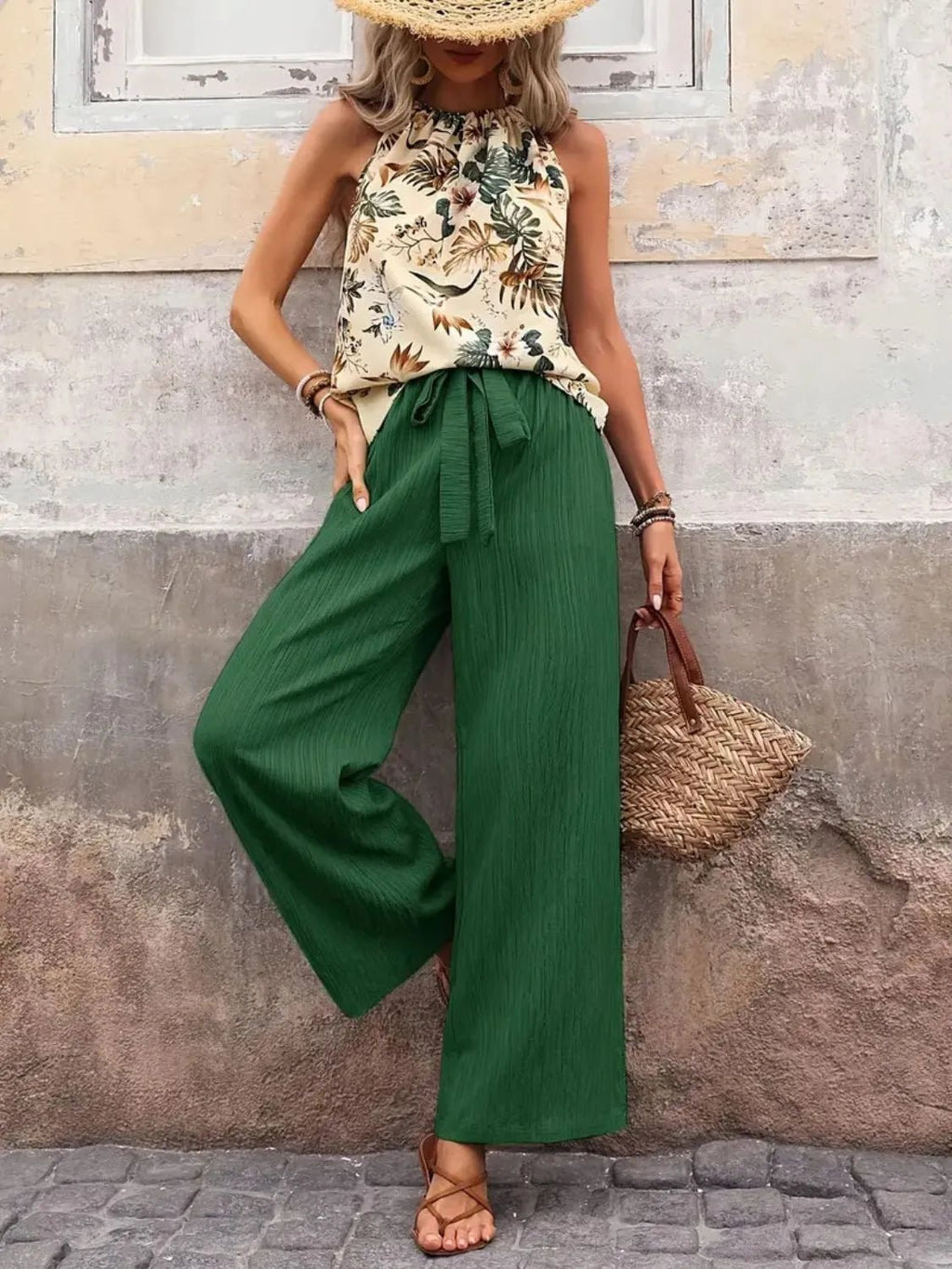 Crowned Energy CO. Dark Green / S Trendsi OUTFIT SET Printed Tank Top and Wide Leg Pants Set
