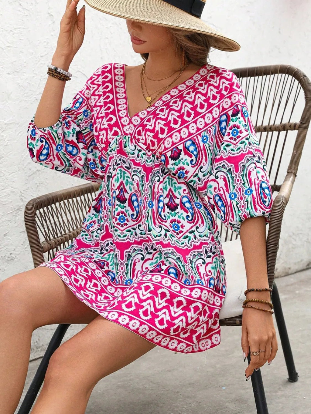 Crowned Energy CO. Hot Pink / S Trendsi Dresses Printed Tie Back Half Sleeve Mini Dress