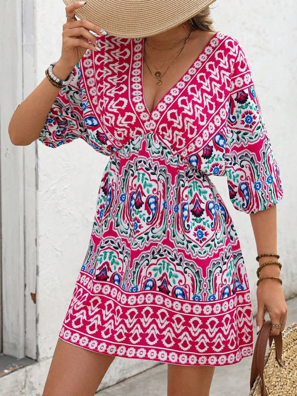 Crowned Energy CO. Hot Pink / S Trendsi Dresses Printed Tie Back Half Sleeve Mini Dress