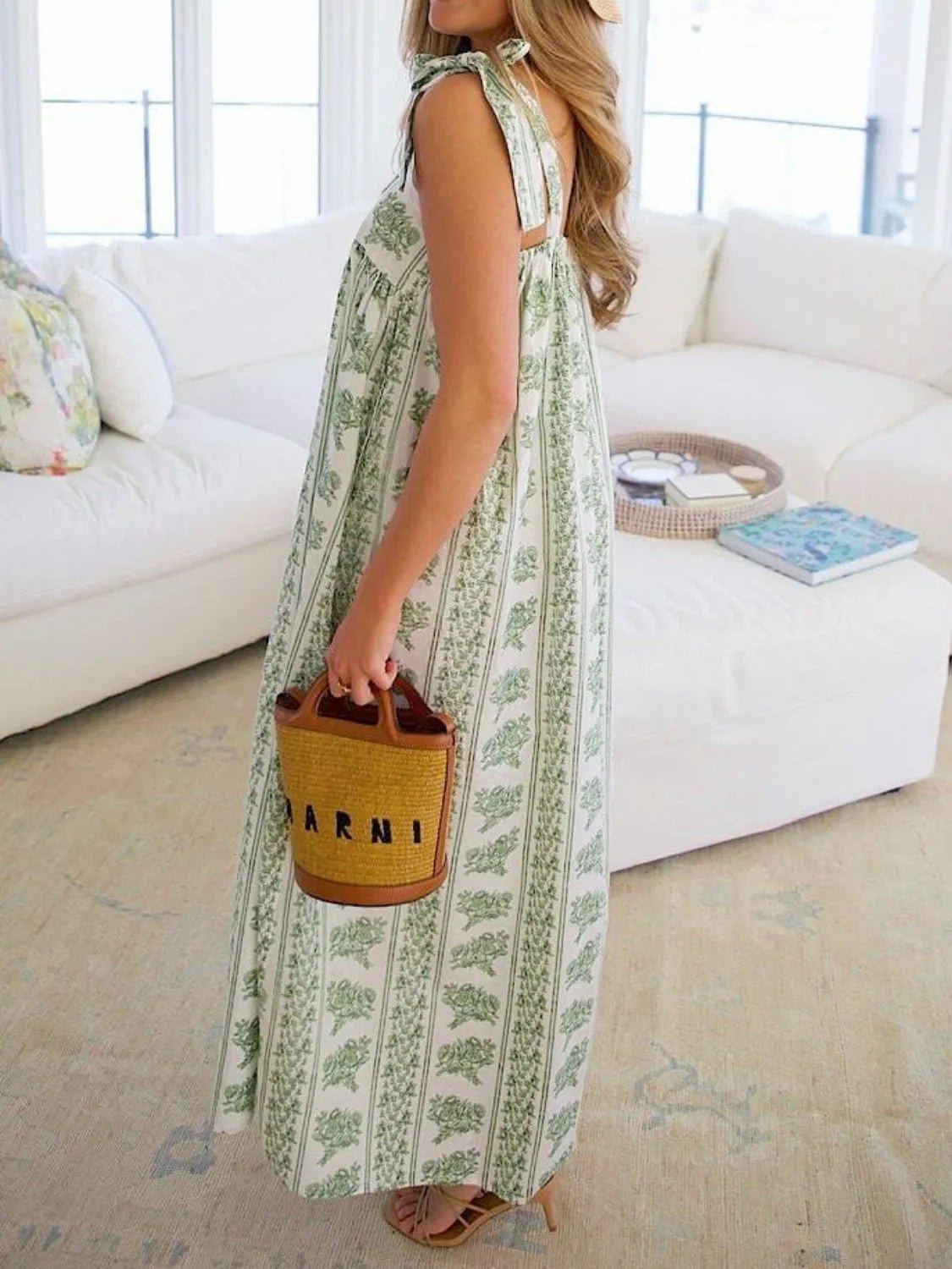 Printed Tie Shoulder Square Neck Midi Dress - Crowned Energy CO.