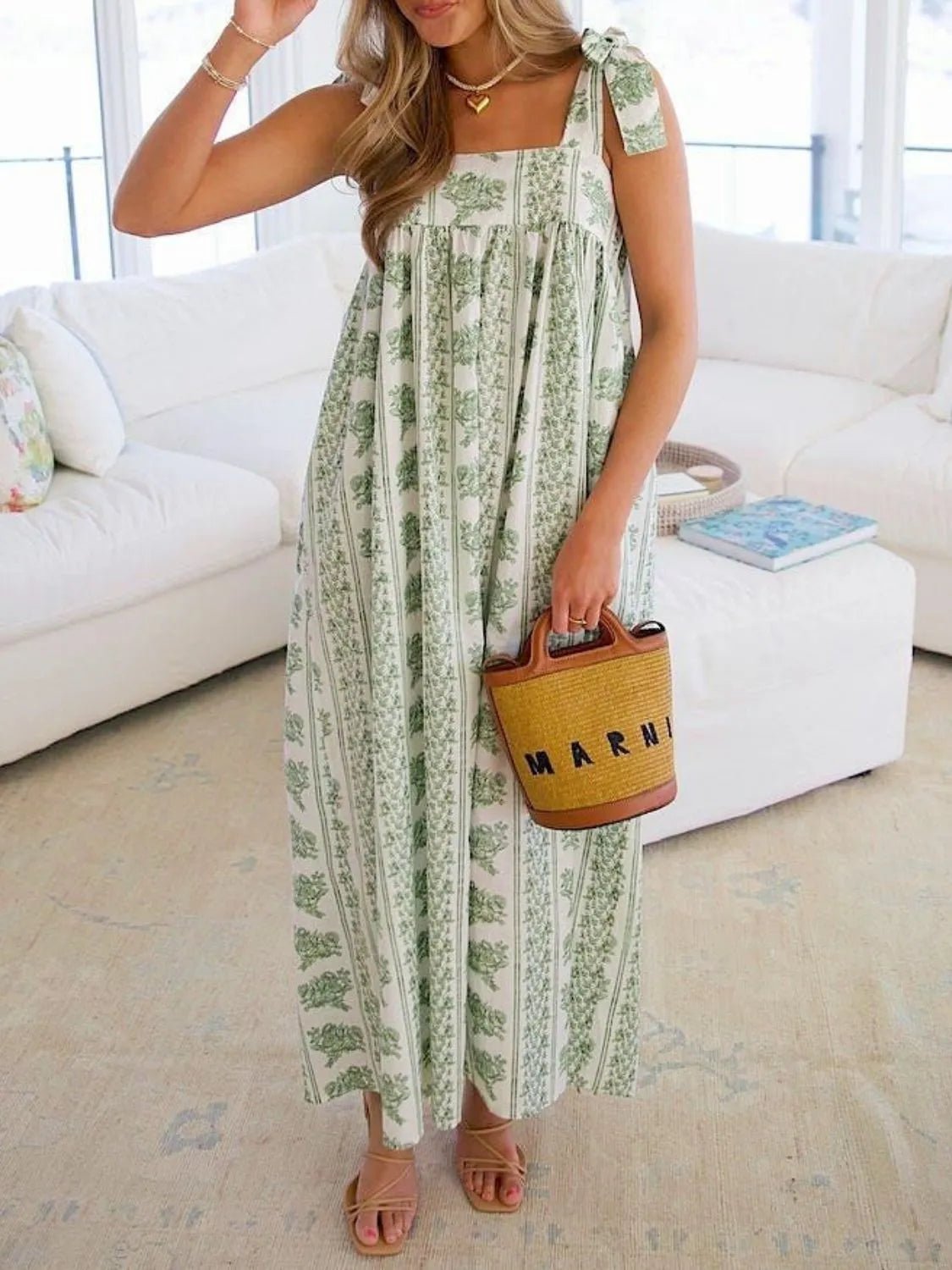 Printed Tie Shoulder Square Neck Midi Dress - Crowned Energy CO.