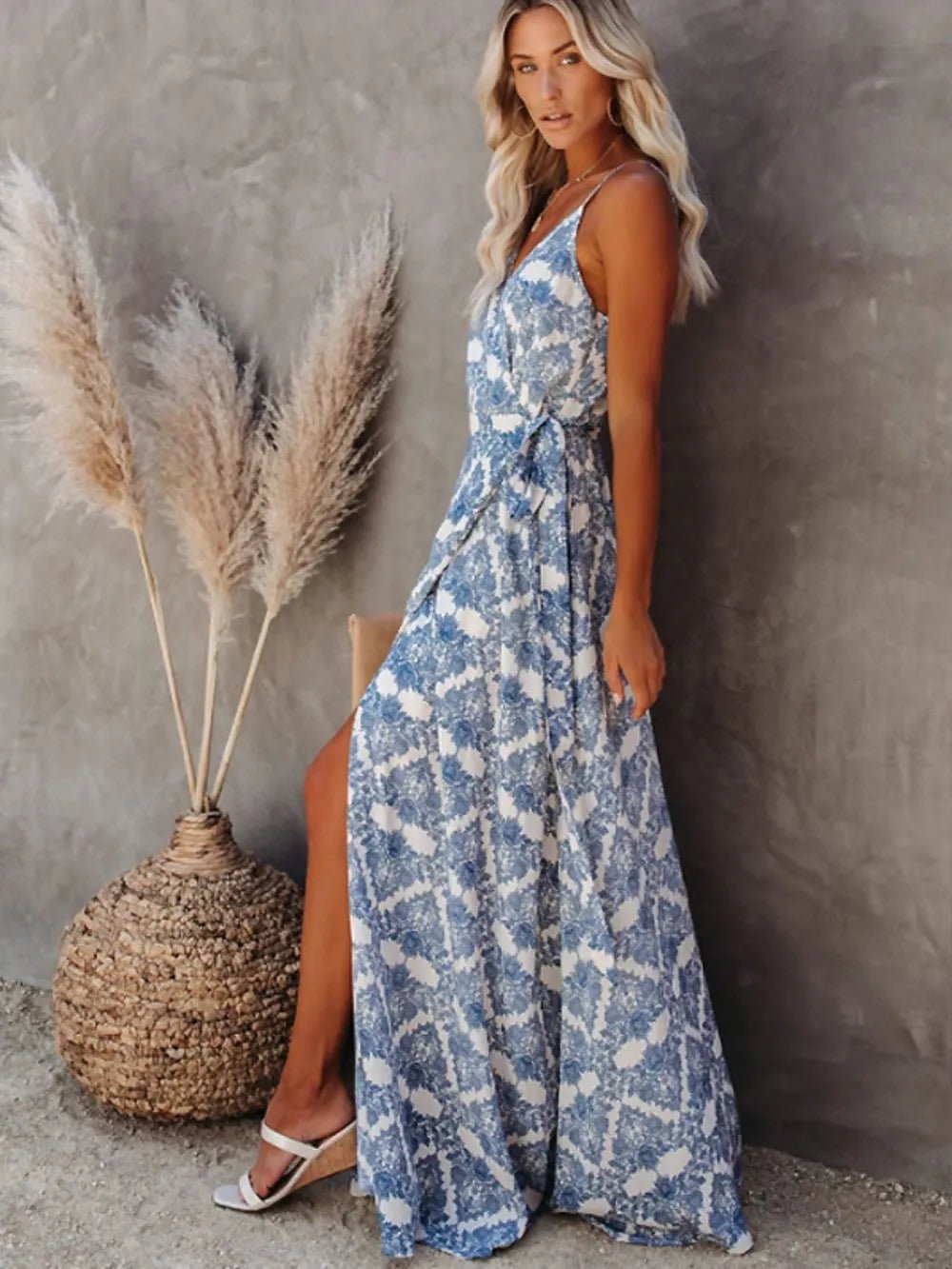 Printed Tied Maxi Cami Dress - Crowned Energy CO.