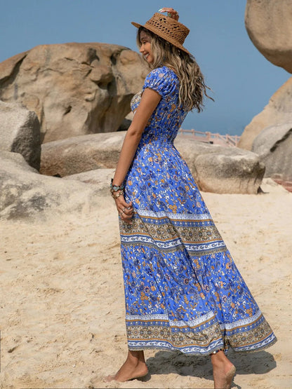 Printed V - Neck Cap Sleeve Midi Dress - Goddess Vibes