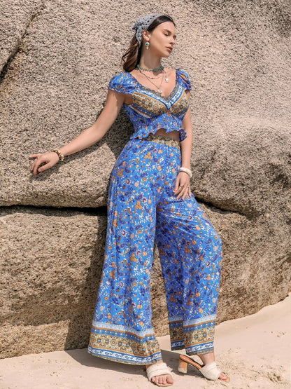 Printed V - Neck Top and Pants Set - Goddess Vibes