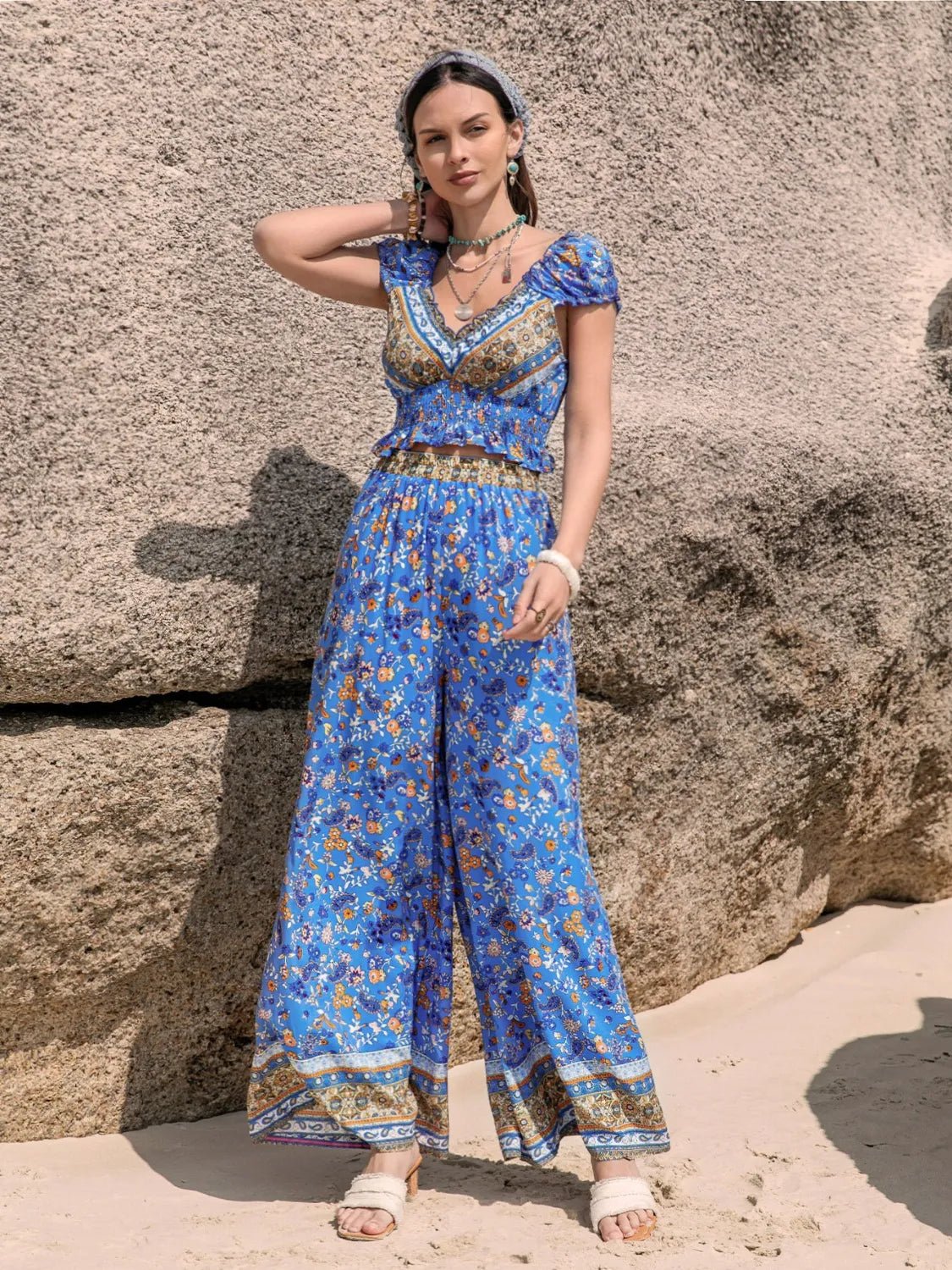 Printed V - Neck Top and Pants Set - Goddess Vibes