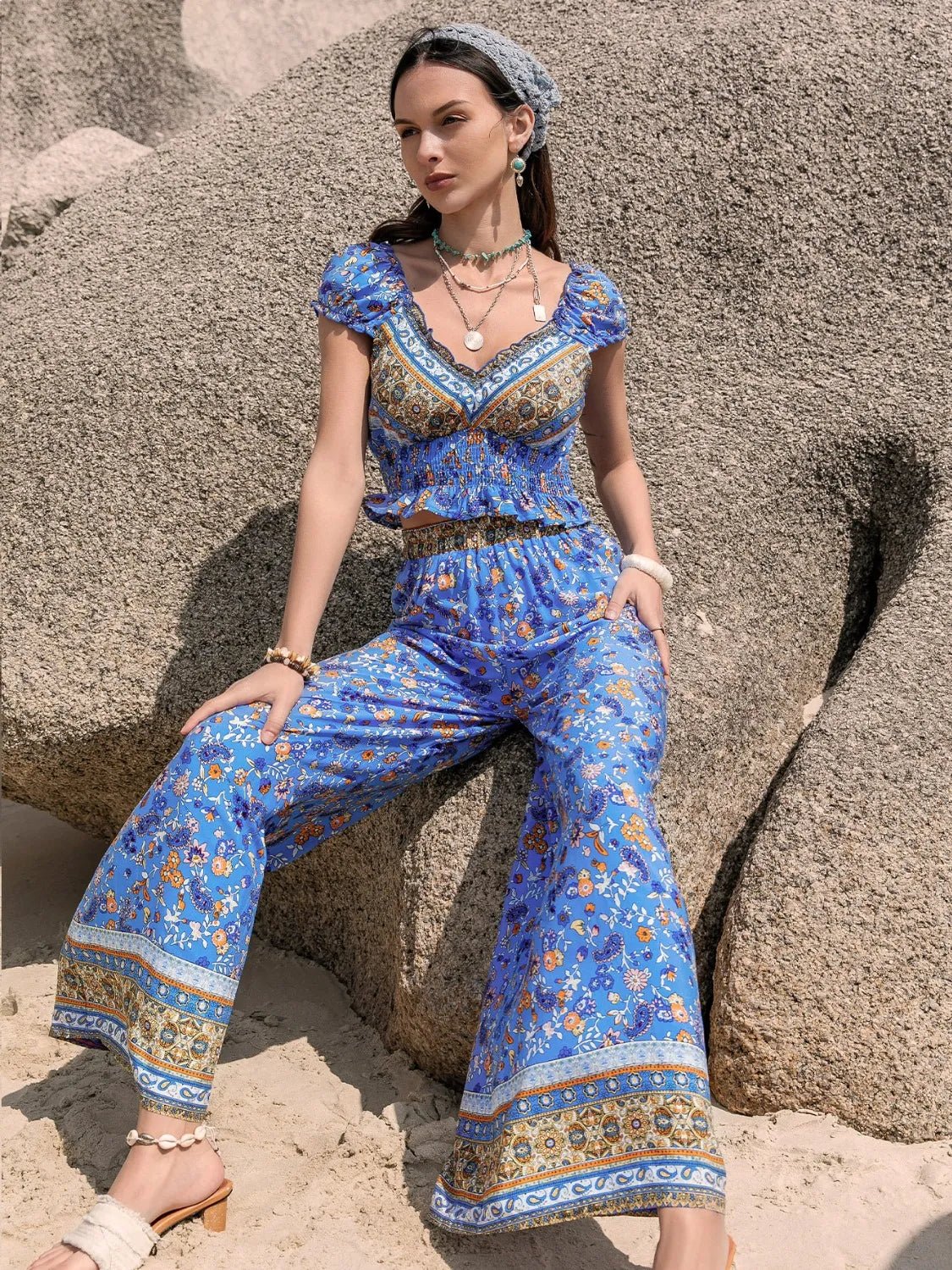 Printed V - Neck Top and Pants Set - Goddess Vibes