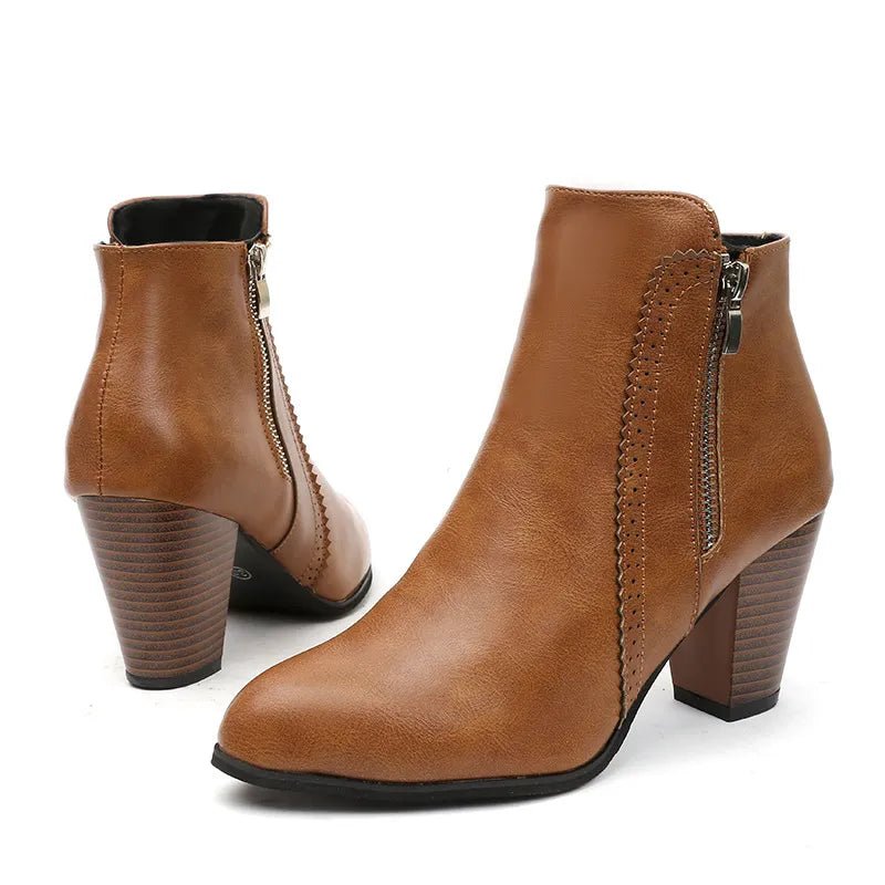PU Leather Block Heel Boots - Crowned Energy CO.