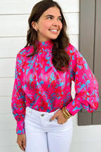 Purple Printed Bubble Sleeve Mock Neck Blouse - Goddess Vibes