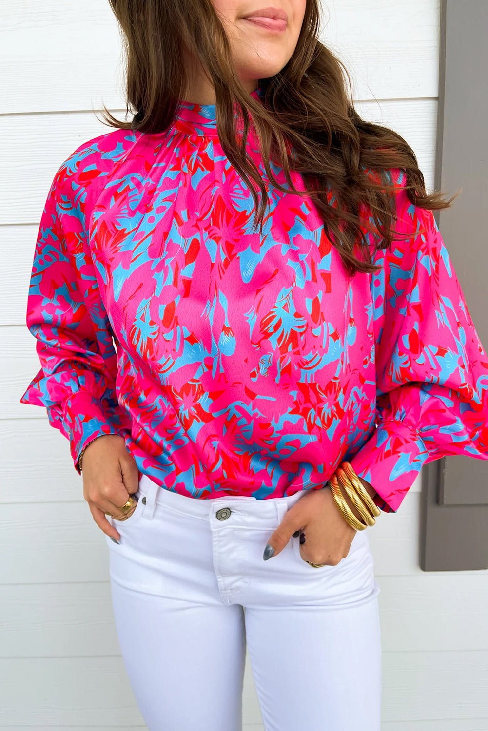 Purple Printed Bubble Sleeve Mock Neck Blouse - Goddess Vibes
