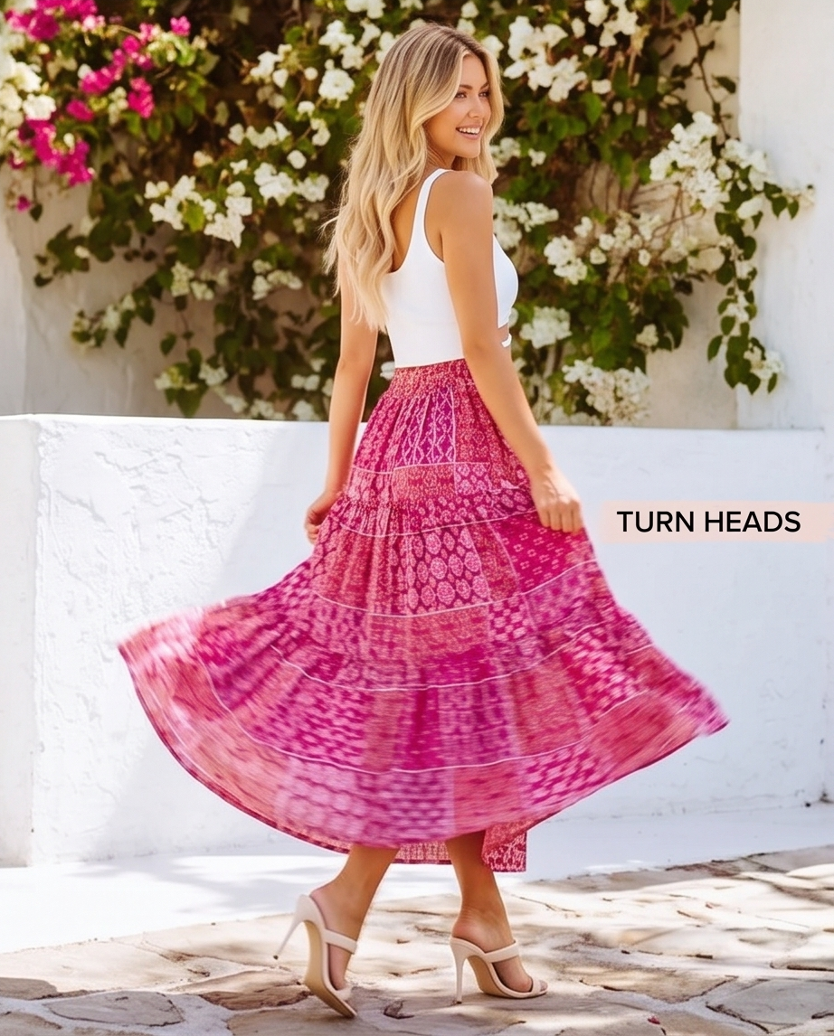 Purple Tiered Paisley Print Pocketed Maxi Skirt - Crowned Energy CO.