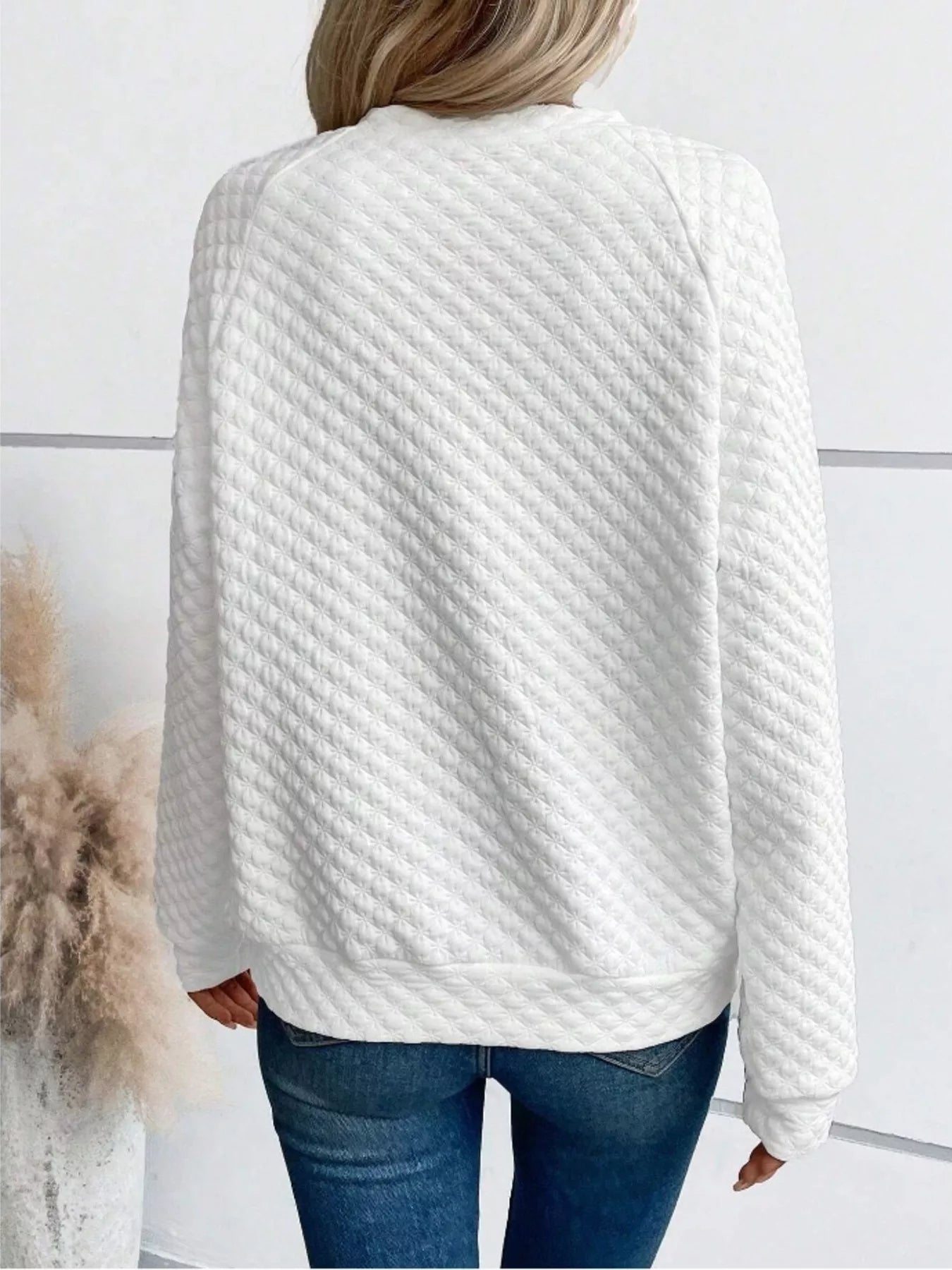 Quilted Texture Long Sleeve Sweatshirt with Notched Neck - Goddess Vibes