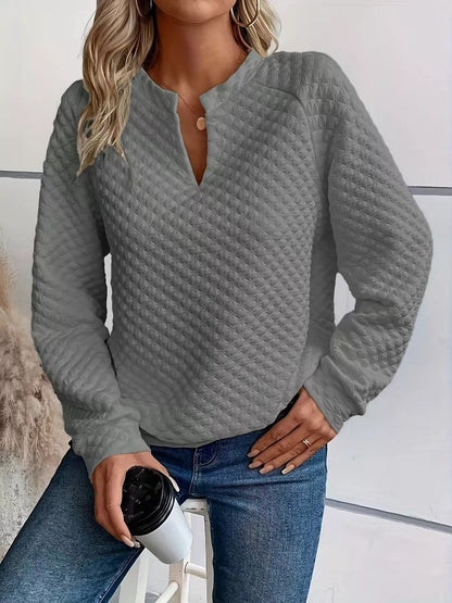 Quilted Texture Long Sleeve Sweatshirt with Notched Neck - Goddess Vibes