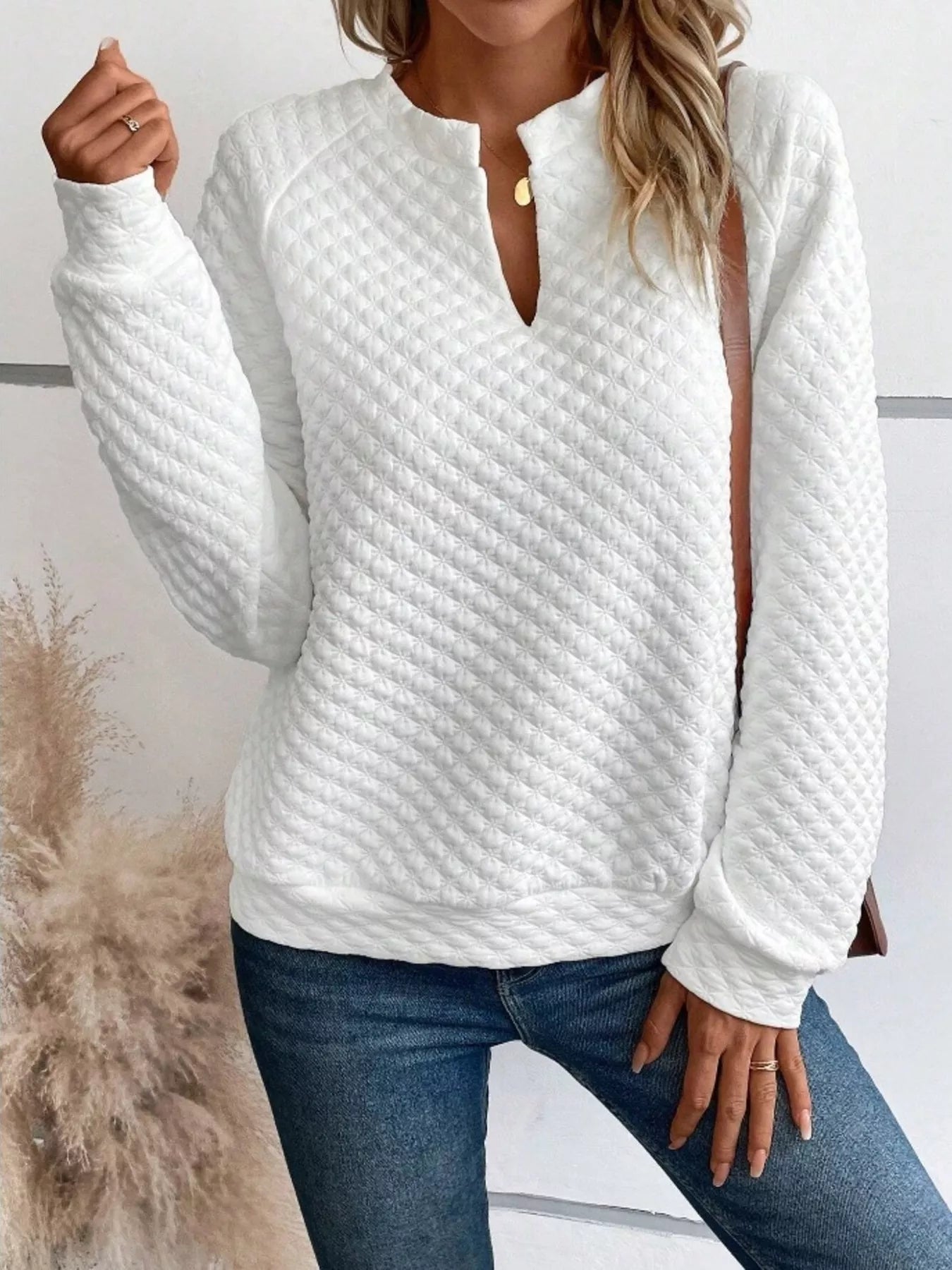 Quilted Texture Long Sleeve Sweatshirt with Notched Neck - Goddess Vibes