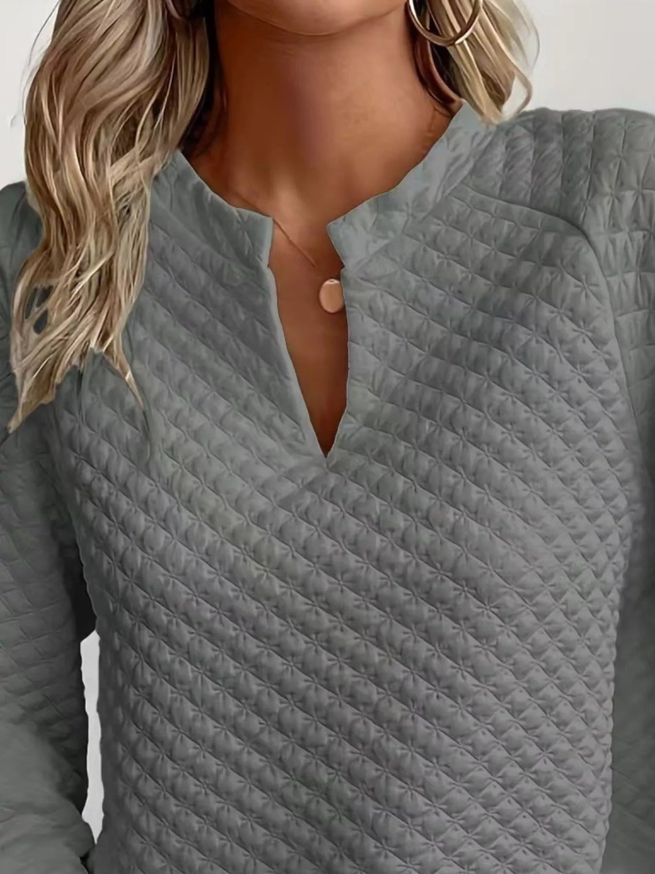 Quilted Texture Long Sleeve Sweatshirt with Notched Neck - Goddess Vibes