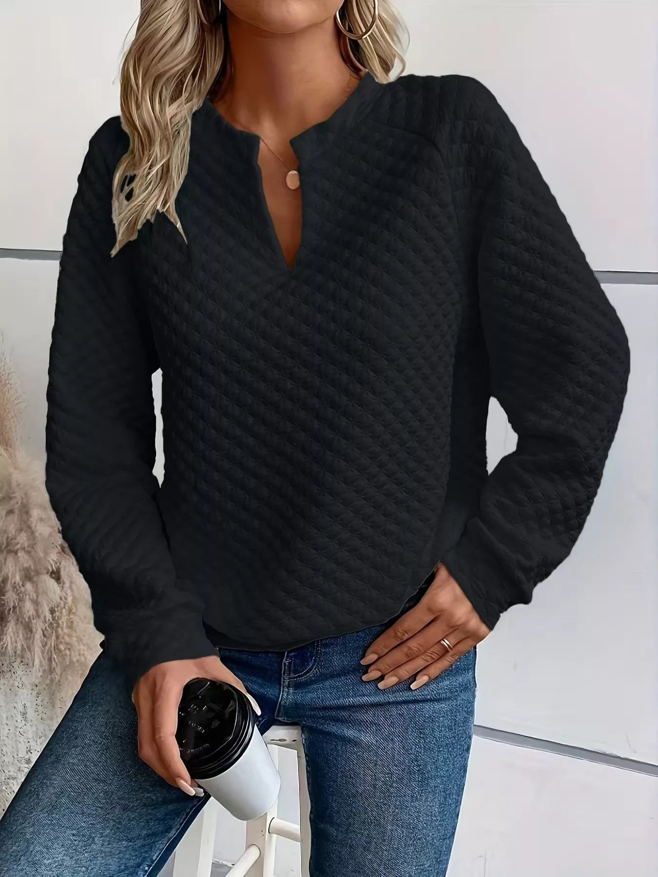 Quilted Texture Long Sleeve Sweatshirt with Notched Neck - Goddess Vibes