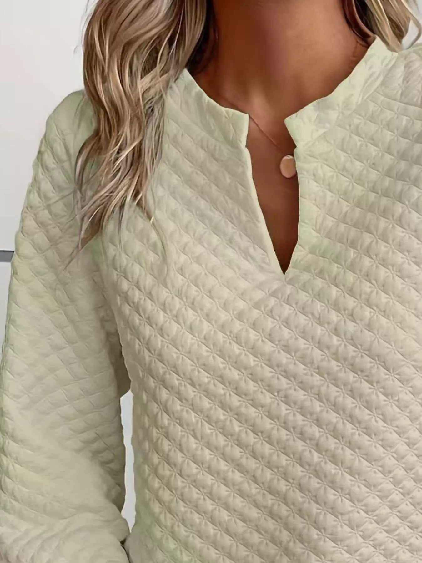 Quilted Texture Long Sleeve Sweatshirt with Notched Neck - Goddess Vibes