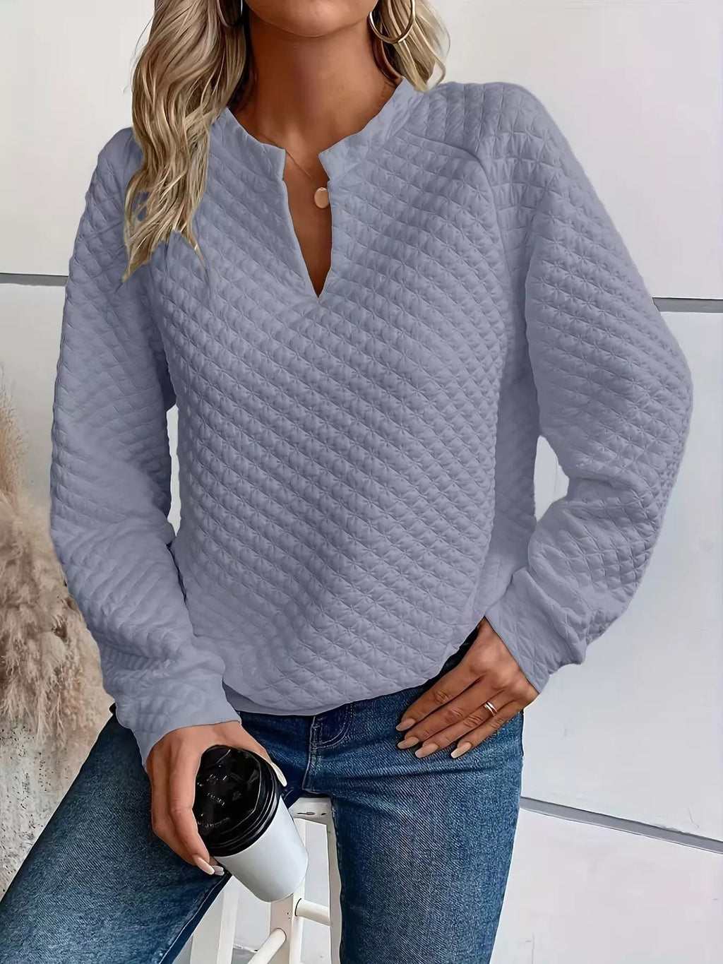 Quilted Texture Long Sleeve Sweatshirt with Notched Neck - Goddess Vibes