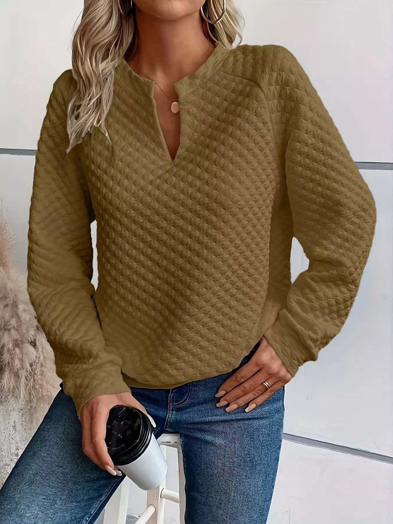 Quilted Texture Long Sleeve Sweatshirt with Notched Neck - Goddess Vibes