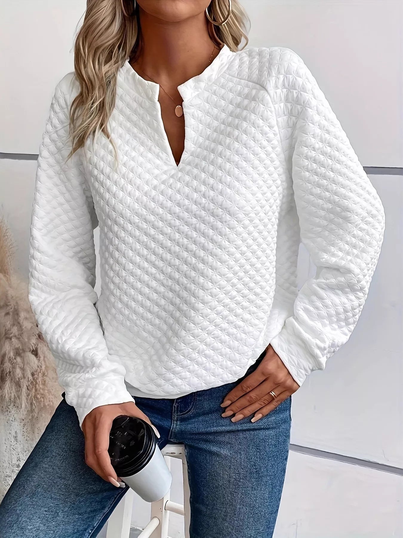 Quilted Texture Long Sleeve Sweatshirt with Notched Neck - Goddess Vibes
