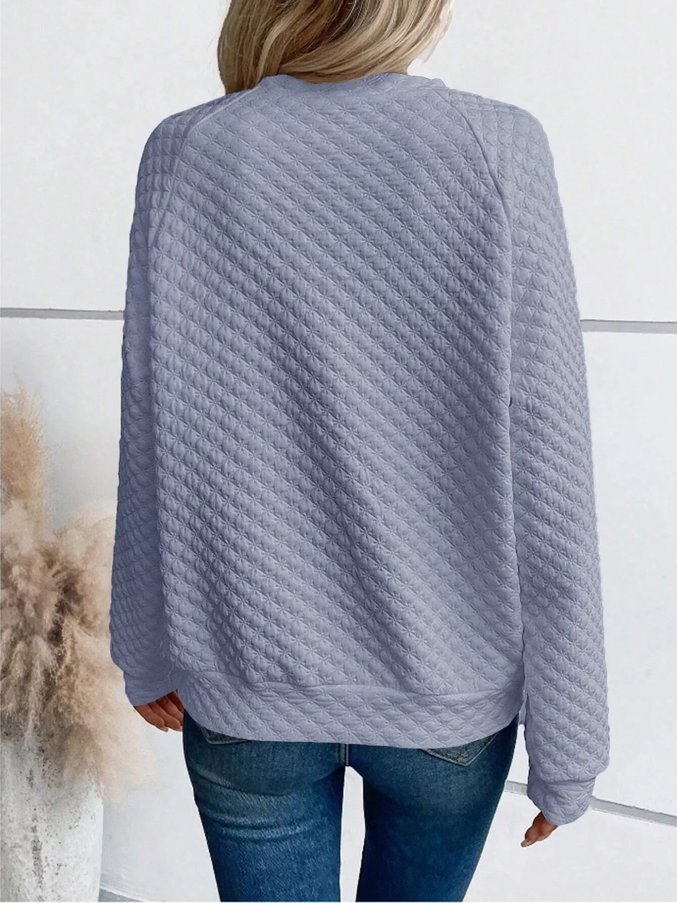 Quilted Texture Long Sleeve Sweatshirt with Notched Neck - Goddess Vibes
