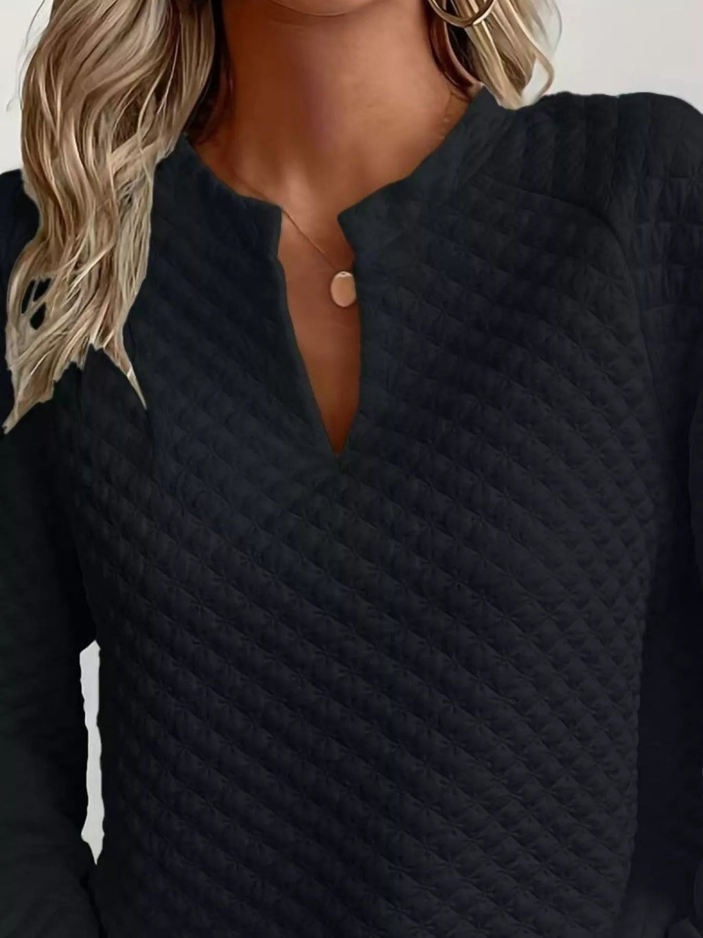 Quilted Texture Long Sleeve Sweatshirt with Notched Neck - Goddess Vibes
